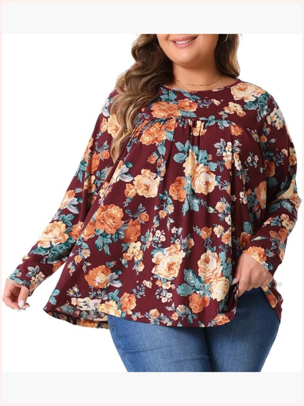 Plus Size Floral Long Sleeve Tunic Crew Neck Pleated Blouse